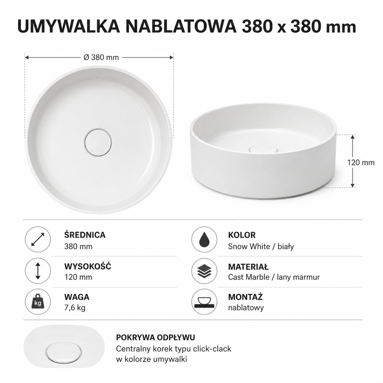 Umywalka nablatowa 380x380 biała konglomeratowa AquaElegance