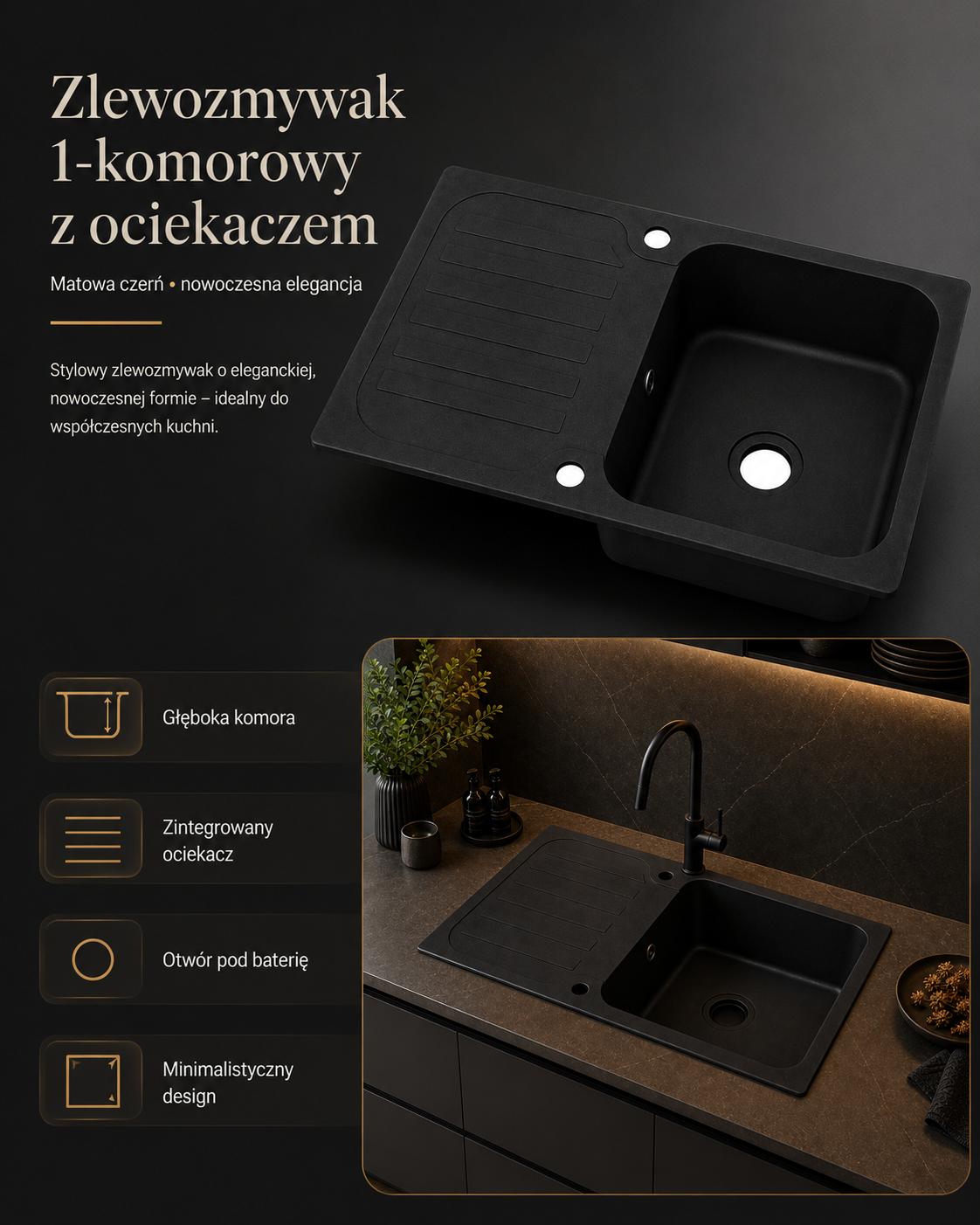 Zlew granitowy 860x500 czarny jednokomorowy z ociekaczem AquaElegance