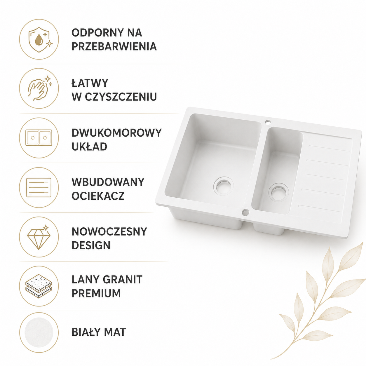 Zlew granitowy 960x480 biały dwukomorowy z ociekaczem AquaElegance