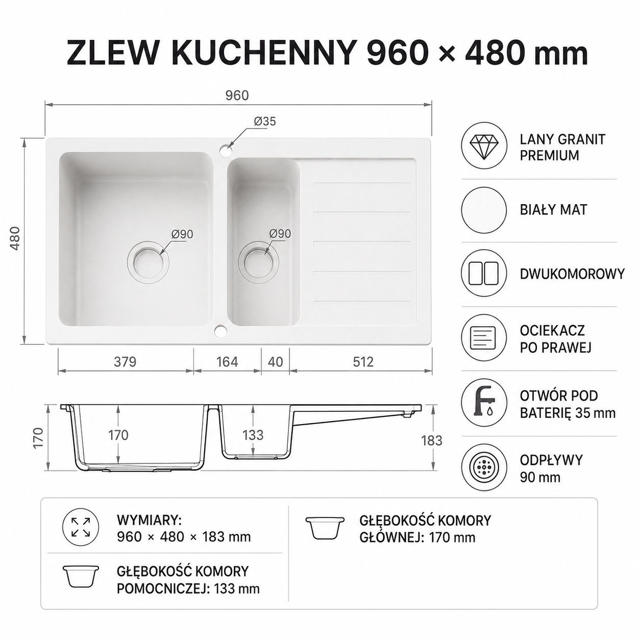 Zlew granitowy 960x480 biały dwukomorowy z ociekaczem AquaElegance